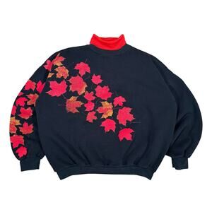 Vintage 1991 Art Unlimited Fall Leaves AOP Sweatshirt Black Red Turtleneck XL